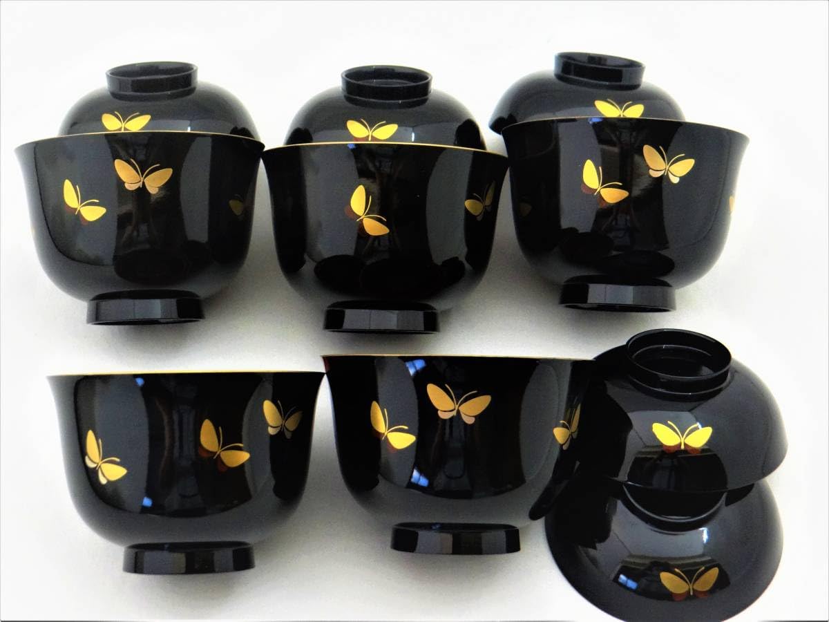 Amazon.co.jp: 黒漆塗 漆器 沈金蝶花 お好み椀 雑煮椀 汁椀 吸物椀